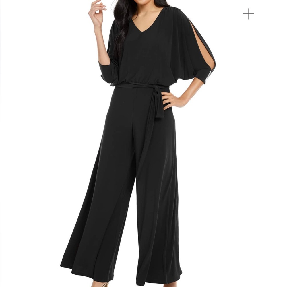 MSK Embellished Split-Sleeve Woman’s Wide-Leg Jumpsuit Black Size XL